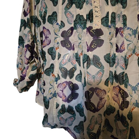 NWT Butterfly Print Sheer Boho Blouse Lace Trim/Button Flowy Lightweight Sz SP - Picture 8 of 8